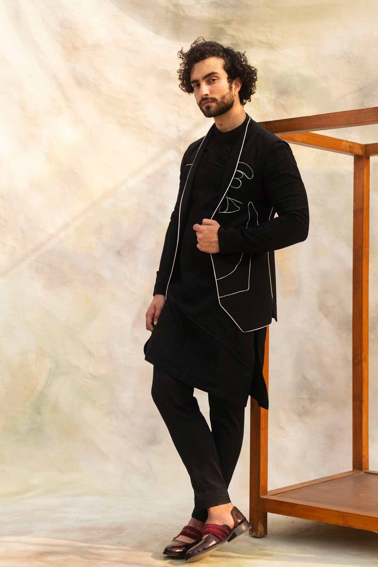 Handpainted Black Open Nehru Jacket — detail