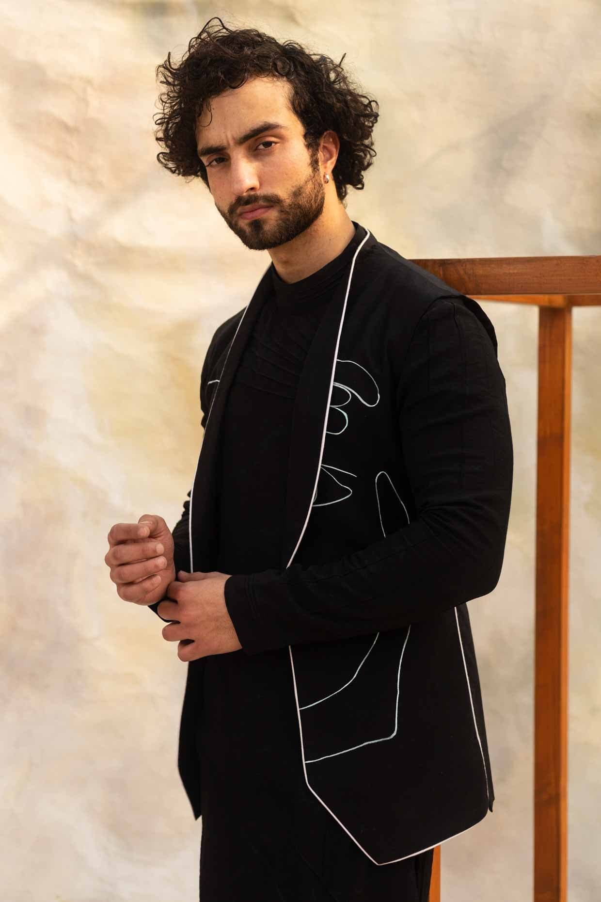 Handpainted Black Open Nehru Jacket