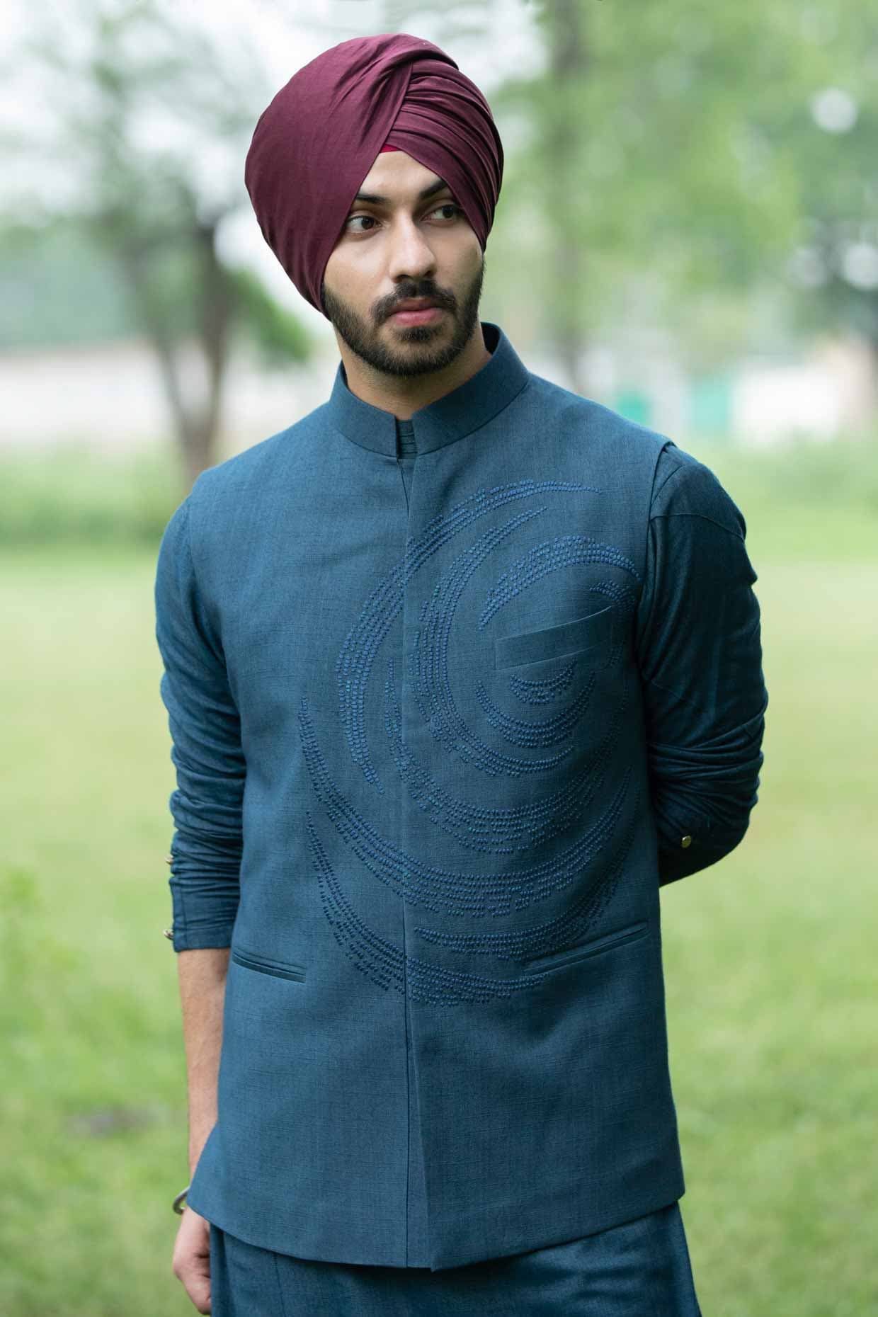 Teal Blue Nehru Jacket — detail