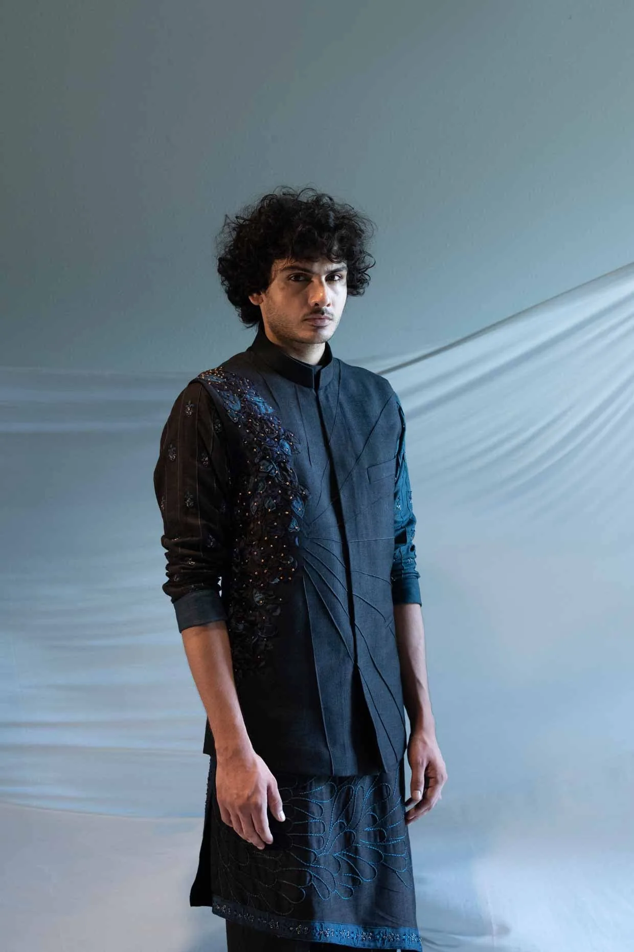Embellished nehru jacket on draped silk